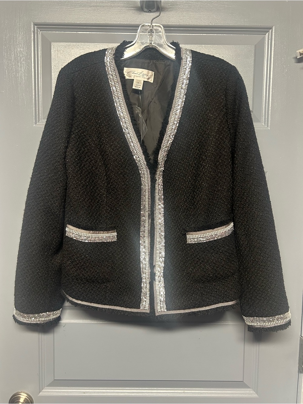Colleen Lopez black textured tweed/boucle jacket . Fun trim size XL NEW SEE NOTE
